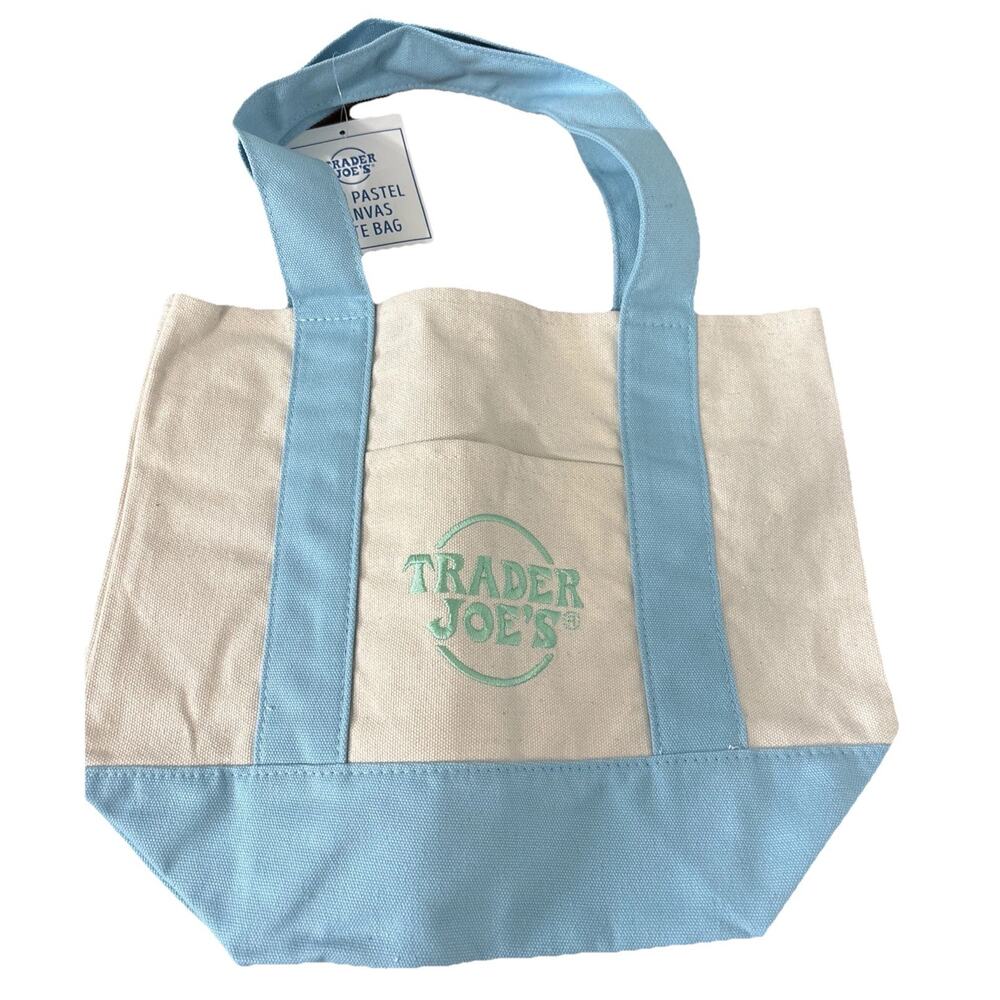 TRADER JOES Mini Canvas Tote Bag Spring 2025 Pastel Blue Green Embroidery